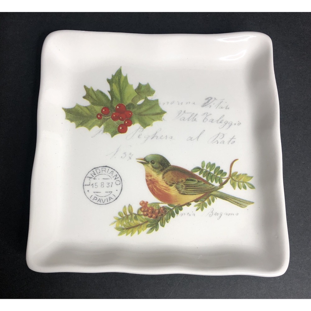 Ceramica Cuore Italy Porcelain Plate Square Bird Holly Design Christmas 6 1/2"